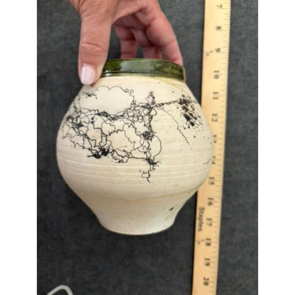 vtg. native american style horsehair pottery vase with green glazed rim